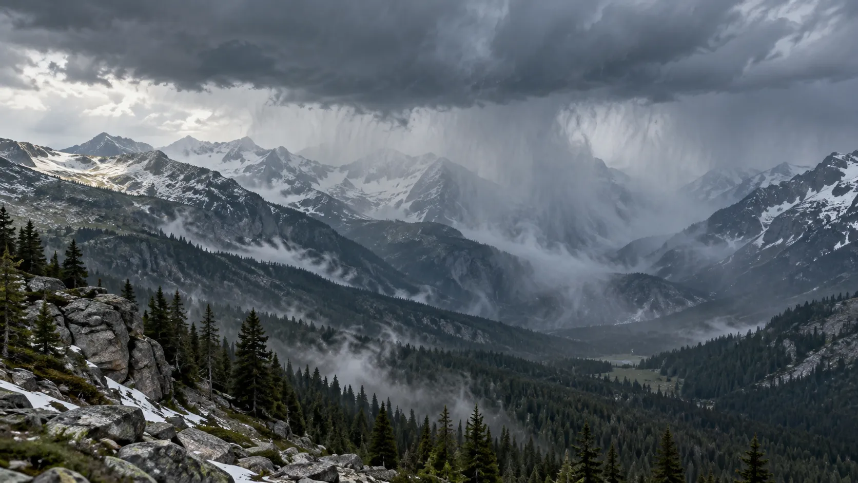 AI-generated mountain-storm scene with dark clouds and curtains of precipitation above snow-covered ridges and a forested valley