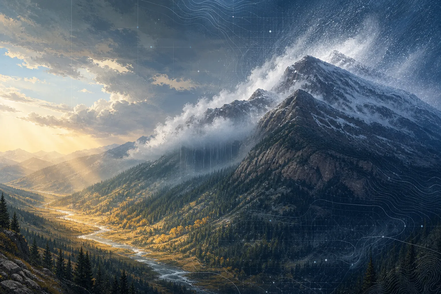 A Colorado mountain watershed shifting from a sunlit valley through rain and cloud to a snow squall at the summit, overlaid with subtle forecast contours