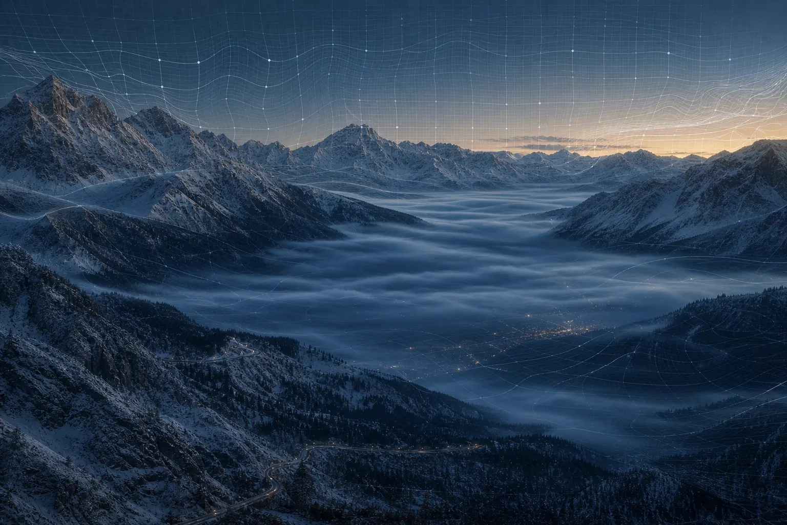 A mountain valley at dawn filled with a pool of cold cloud lying below the surrounding peaks, with a forecast grid drawn over the terrain and stretched flat across the sky above it